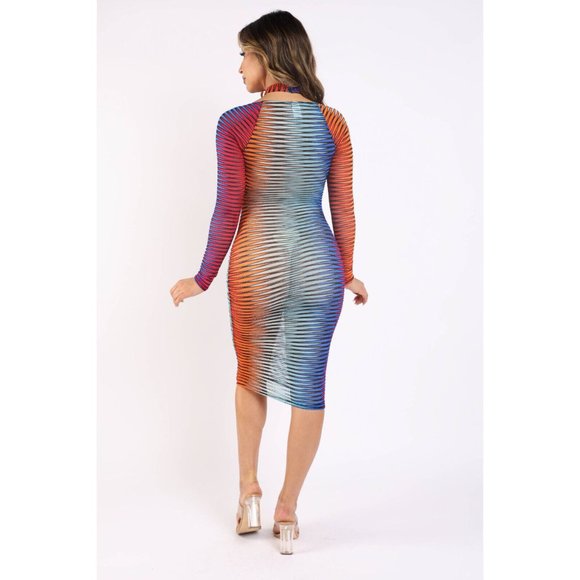 Women's Long Sleeve Printed Textured Mesh Halter Casual Sexy Midi Dress S, M, L - Picture 6 of 12